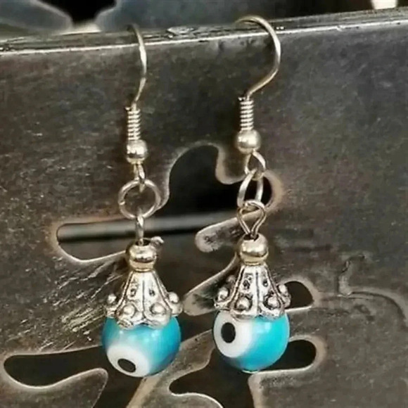 Handmade Evil Eye Turquoise Lampwork Glass Protective Talisman Drop Earrings - Picture 1 of 5